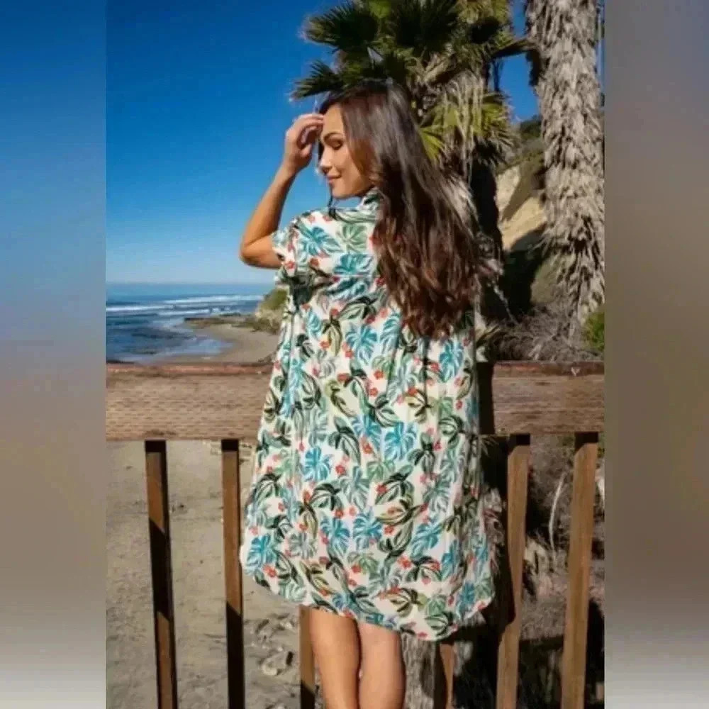Lost & Wander Seascape Cover Up Dress Shirt Dress Green Tropical Print Size M/L - Picture 2 of 13